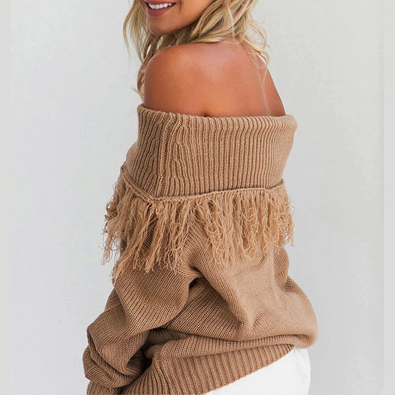 Для женщин свитер Timechee Повседневное Slash шеи кисточкой с длинными рукавами в стиле