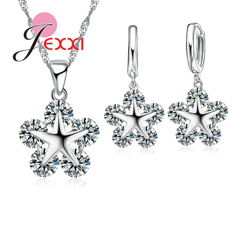 

Elegant Women Flower Jewelry Sets 925 Sterling Silver Crystal Pendant Necklace Earrings Set For Bride Wedding