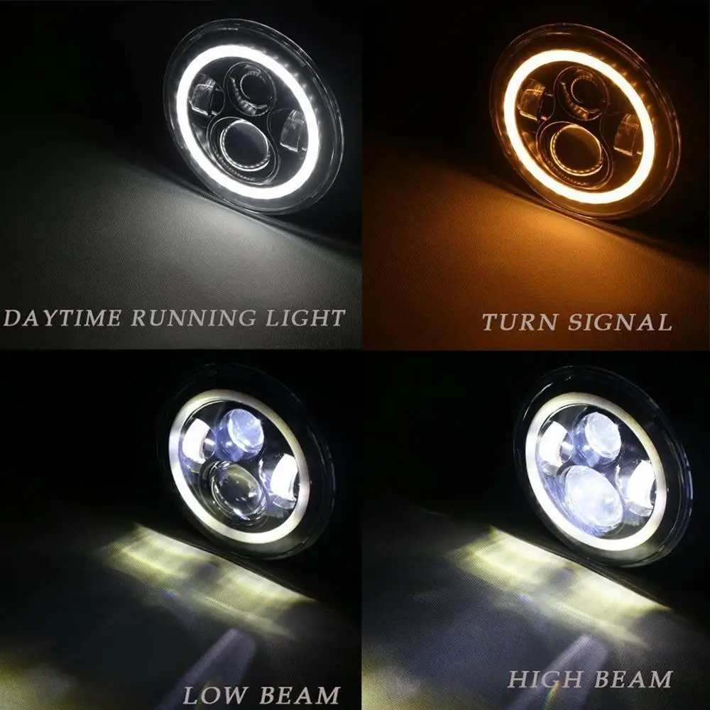 Pair 7&quot LED Headlights 60W High Low Beam H4 Halo Angel Eye Amber Turn Signal Lamp For Jeep Wrangler JK TJ CJ LJ | Автомобили и