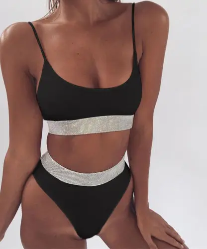 

Two-Pieces Sexy Women Sequins Crystal Bikini Set Ladies Rhinestone Push Up Padded Swimwear Swimsuit Bathing Beachwear