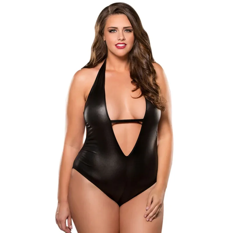 

Sexy Black leather Playsuit Deep V Appeal Sexy Underwear Costumes for Women