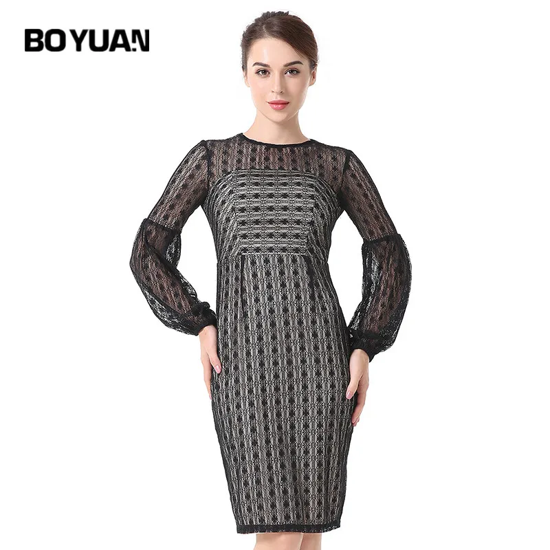 Boyuan пикантные открытой спиной осень-весна элегантное платье женский Черный Bodycon