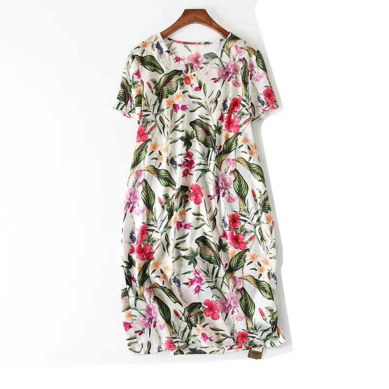 Women Summer Silk Dress O neck plus size Vintage Natural silk dresses floral Elegant Casual real Knee Length dress | Женская одежда