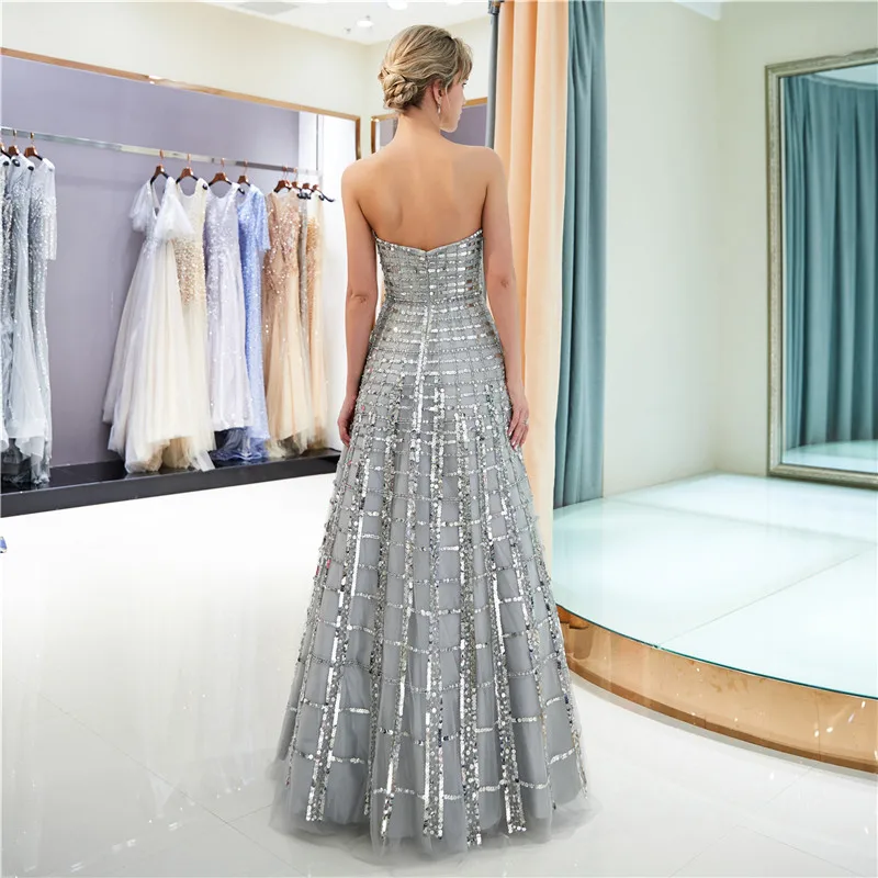 Sequin prom dresses 2019 strapless floor length sleeveless sweep train silver sequin prom dress women elegant formal party dress
