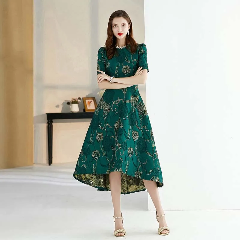 short sleeve Vestidos женское модное осенне-зимнее платье с длинными рукавами Вечерние Платья с цветочным рисунком элегантное жаккардовое платье в стиле знаменитостей ласточкин хвост платье - Цвет: short sleeve
