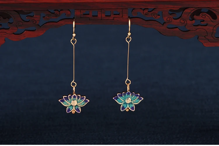 MYWINY новые модные ювелирные изделия перегородчатая цветок лотоса серьги для женщин, китайский ветер эмаль длинный крючок серьги красный