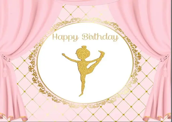 

Pink Curtain Gold Crown striped Happy Birthday Ballerina Backgrounds Vinyl cloth Computer printed wall photo backdrop