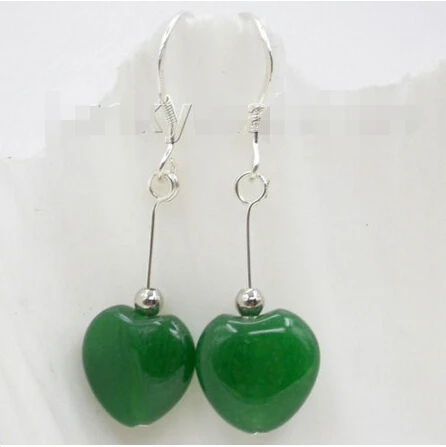 AAA Натуральный 10 мм в форме сердца бисер из зеленого нефрита серьги серебра 925