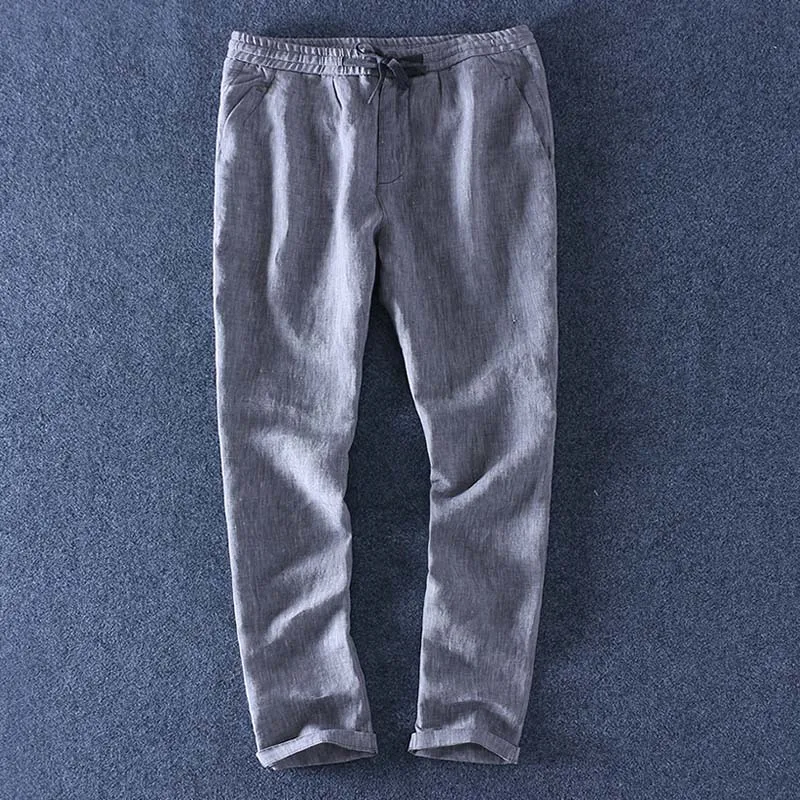 Dark Grey Schinteon чистый лен брюки мужские пляжные эластичный пояс шнурок размера плюс тонкие повседневные брюки новые - Цвет: Dark Grey
