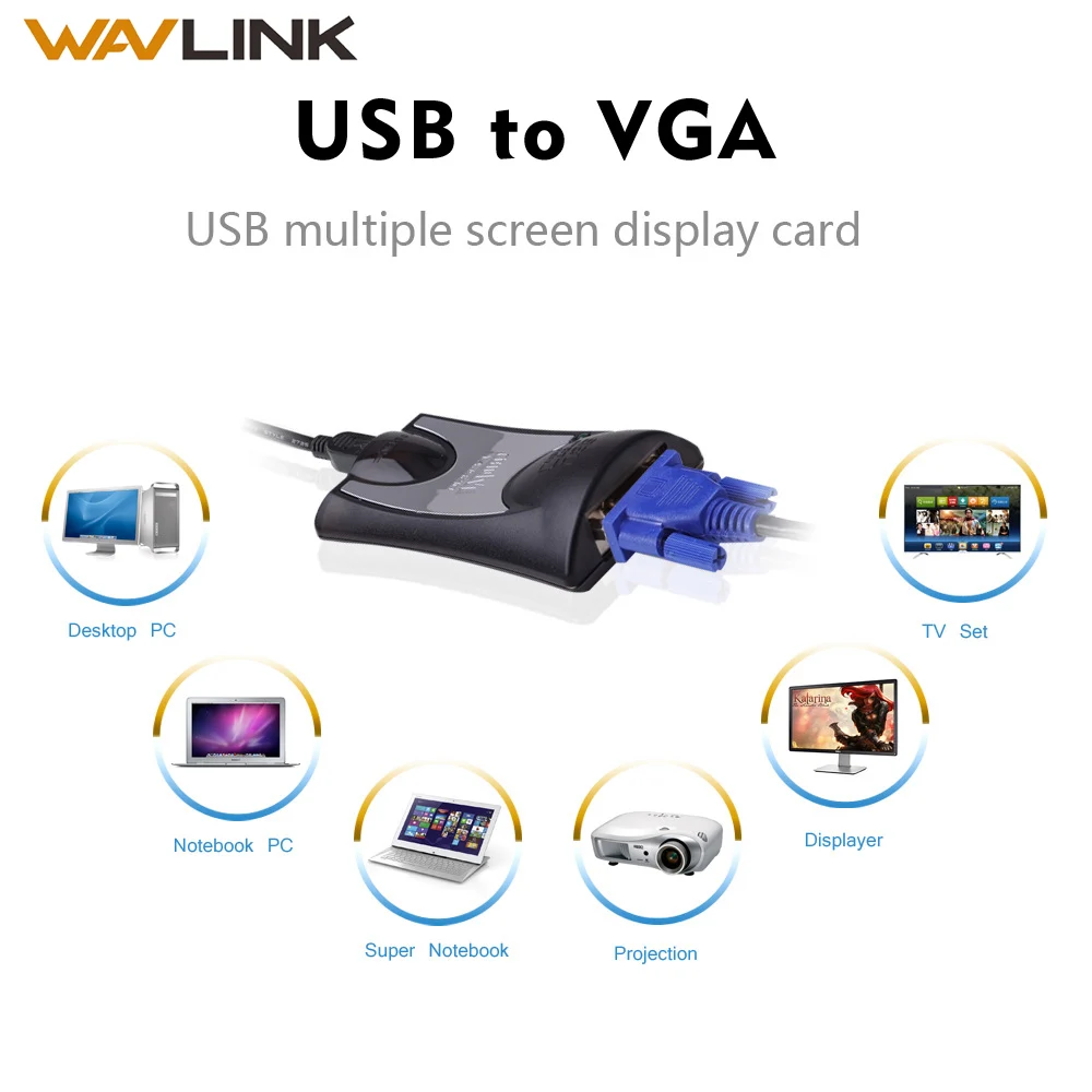 Фото Wavlink USB в VGA видеоадаптер конвертер несколько дисплеев до 1920x1080 HD Displaylink DL-165 разъем