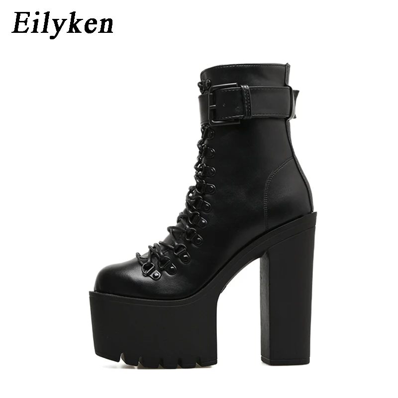 Eilyken; Модные женские кожаные ботинки в байкерском стиле; коллекция года; сезон осень; обувь на высоком каблуке с металлической пряжкой; Черные ботильоны на молнии; женская обувь на шнуровке