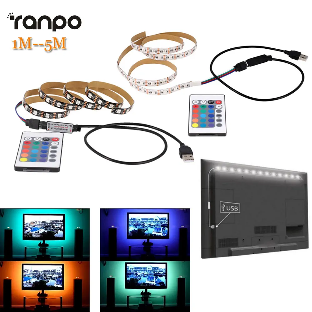 

1M 2M 3M 4M 5M 5050 SMD RGB 60led/m Ribbon Tape Lamp DC 5V LED Strip RGB Light TV Back Lighting Kit + IR Remote Controller