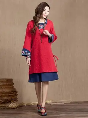 

China national trend women's embroidered jacquard faux two piece set vintage dress original cotton linen embroidery Outwear