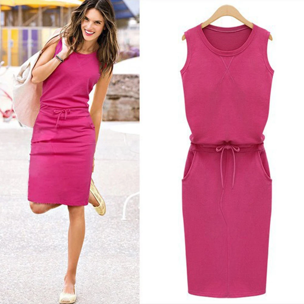 Хлопковое льняное платье 2019 летнее модное женское без рукавов с поясом и круглым