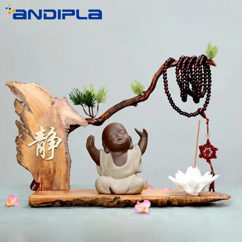 

Vintage Incense Holder Purple Clay Buddha Aroma Incense Burner Weathering Wooden Base Desktop Ornament Censer Home Decoration