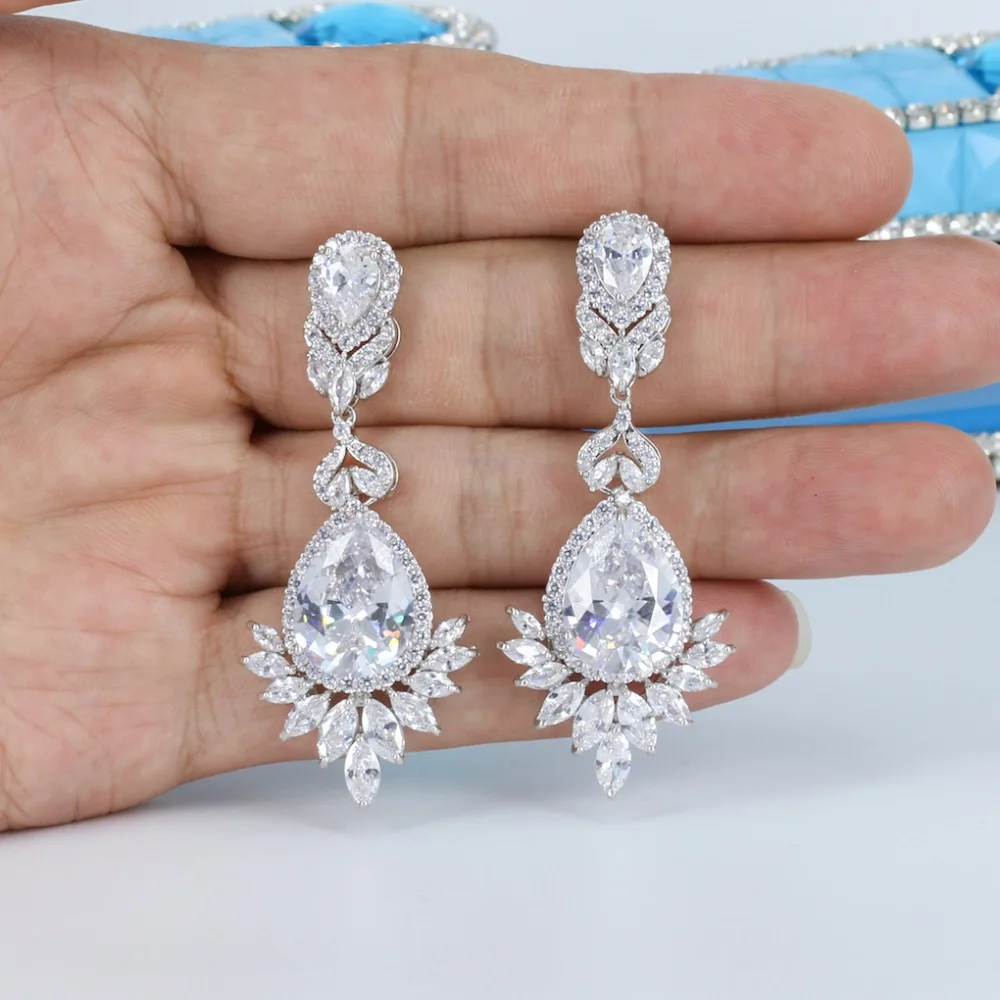 Круглые серьги подвески с фианитами свадебные украшения CE10046|Серьги-подвески| |