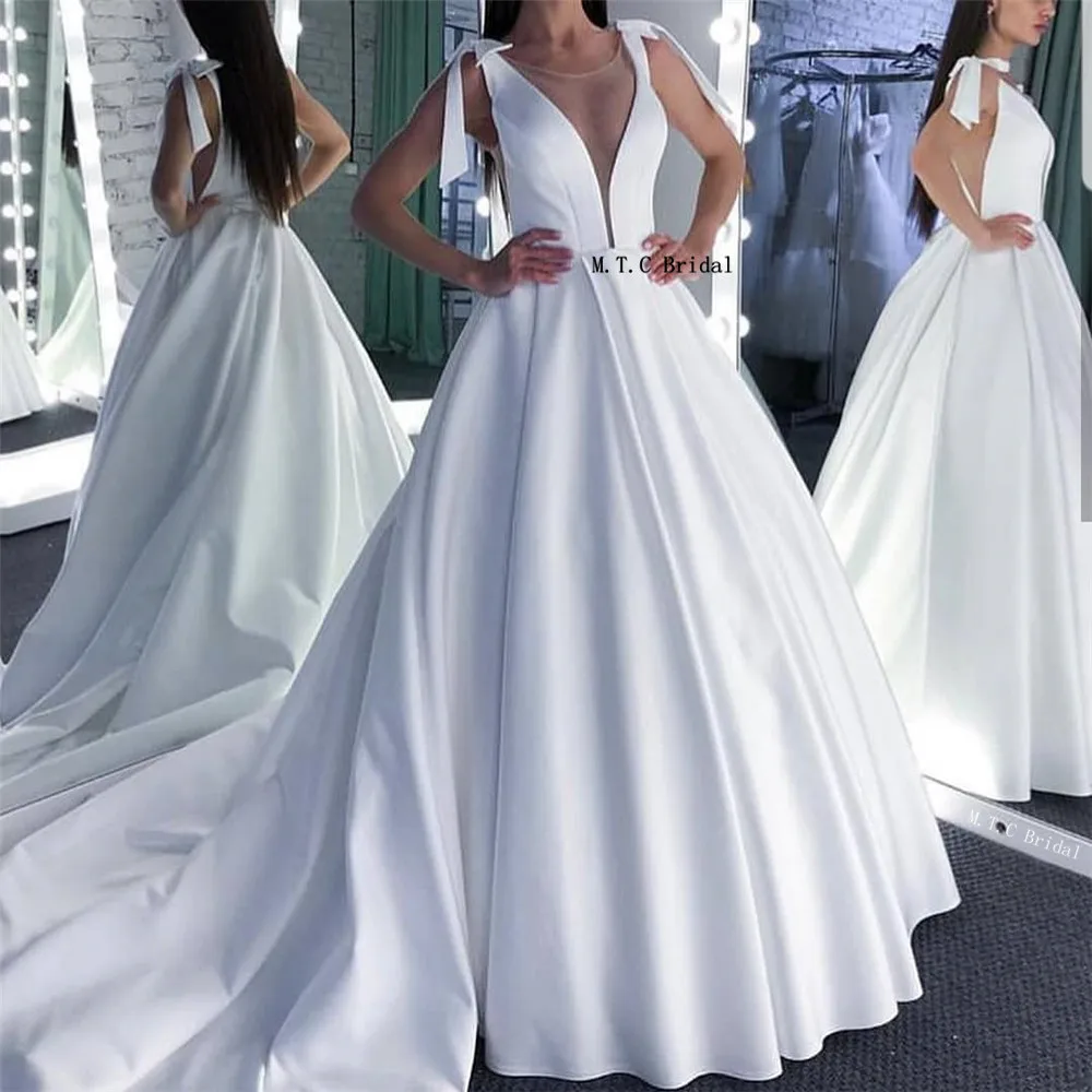 Новое поступление 2019 Белое Атласное Свадебное платье принцессы ТРАПЕЦИЕВИДНОЕ