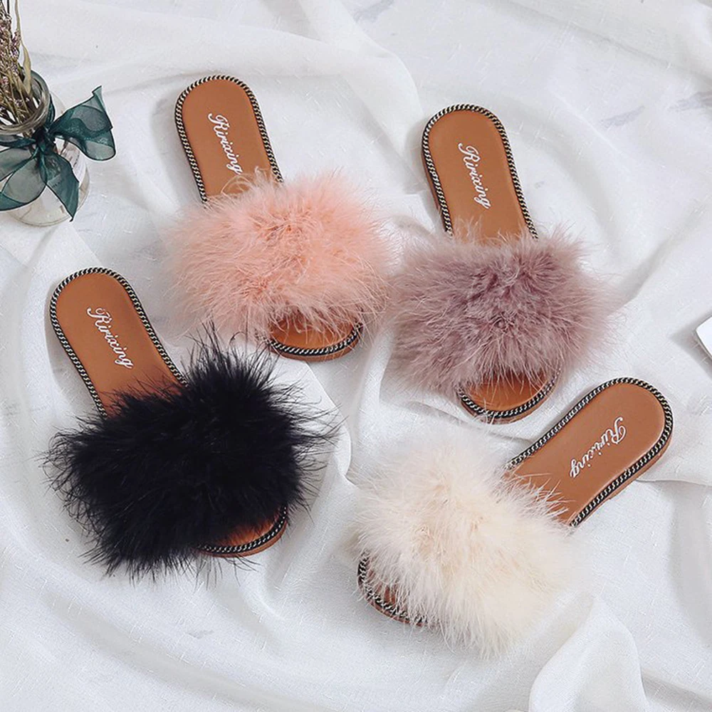 Женская обувь сандалии на плоской подошве с искусственным мехом удобные