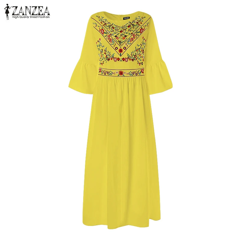 Женское длинное платье ZANZEA Повседневное большого размера с рукавами фонариками