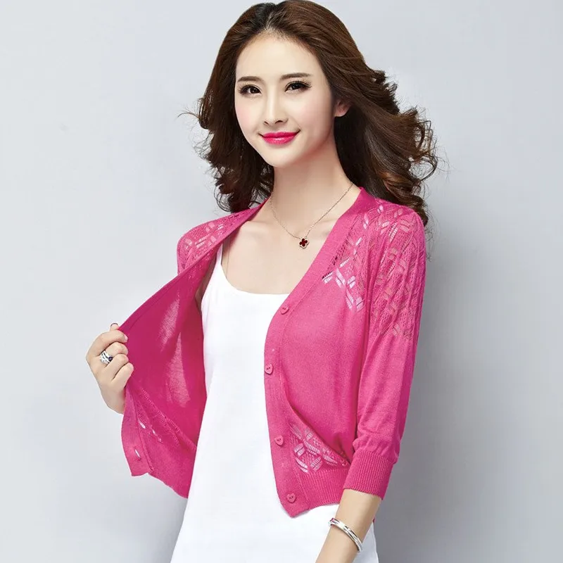 New Summer Autumn Women Knitted Cardigans Bright Silk Shawl Short Knit Coat Female Slim Elegant Long Sleeve Thin Cardigan |