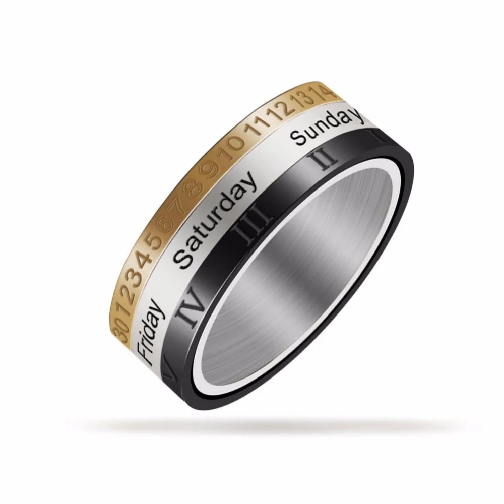 Креативное кольцо с календарем три цвета вращающееся из нержавеющей стали для