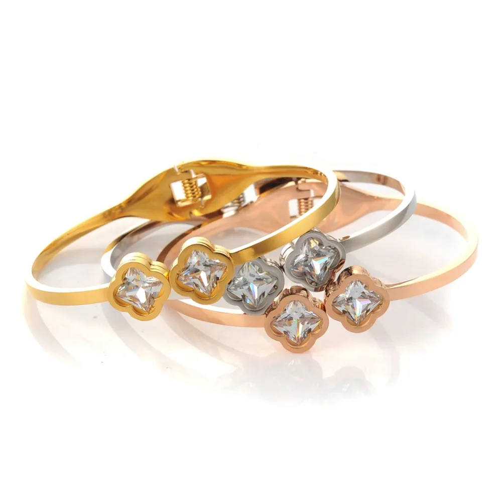 

Роскошные Pulseiras Feminina два четырехлистных клевера горный хрусталь бусины манжеты браслет из нержавеющей стали браслеты женский браслет бижу...