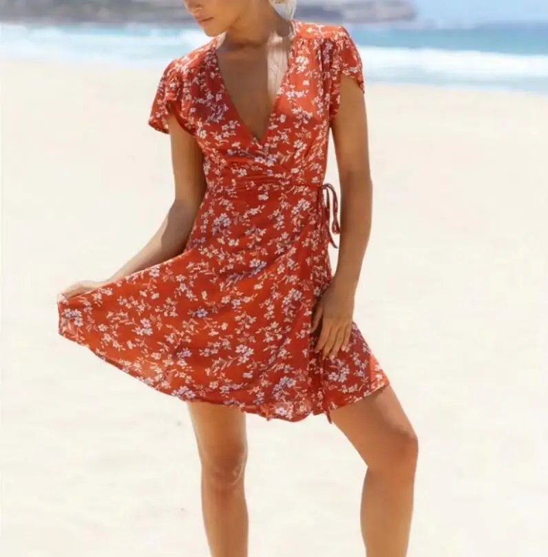 Летнее сексуальное платье с глубоким v образным вырезом коротким рукавом