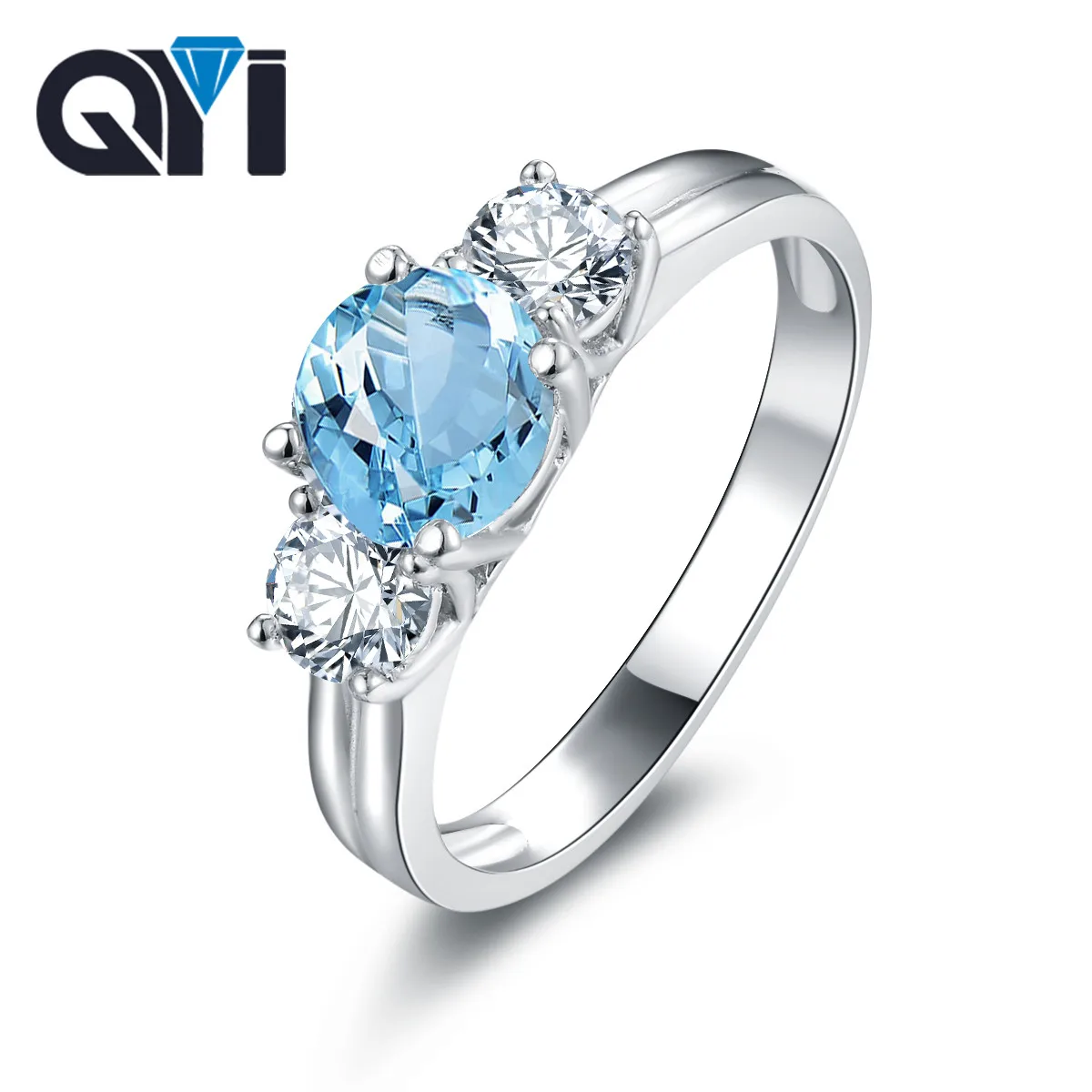 

QYI Classic Gemstone Natural Sky Blue Topaz Ring Solid 925 Sterling Silver Three Stone Engagement Ring Fine Jewelry For Women