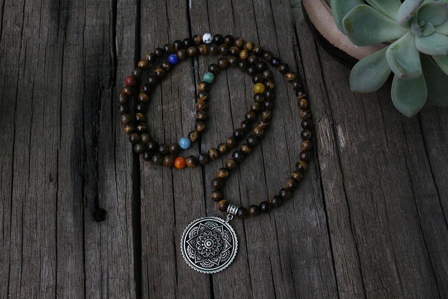 8mm Natural Beads, Tigers Eye,JapaMala, 8 Chakras Mala Beads, Lotus Necklace,108 Count Mala With Mantra Style Marker Beads