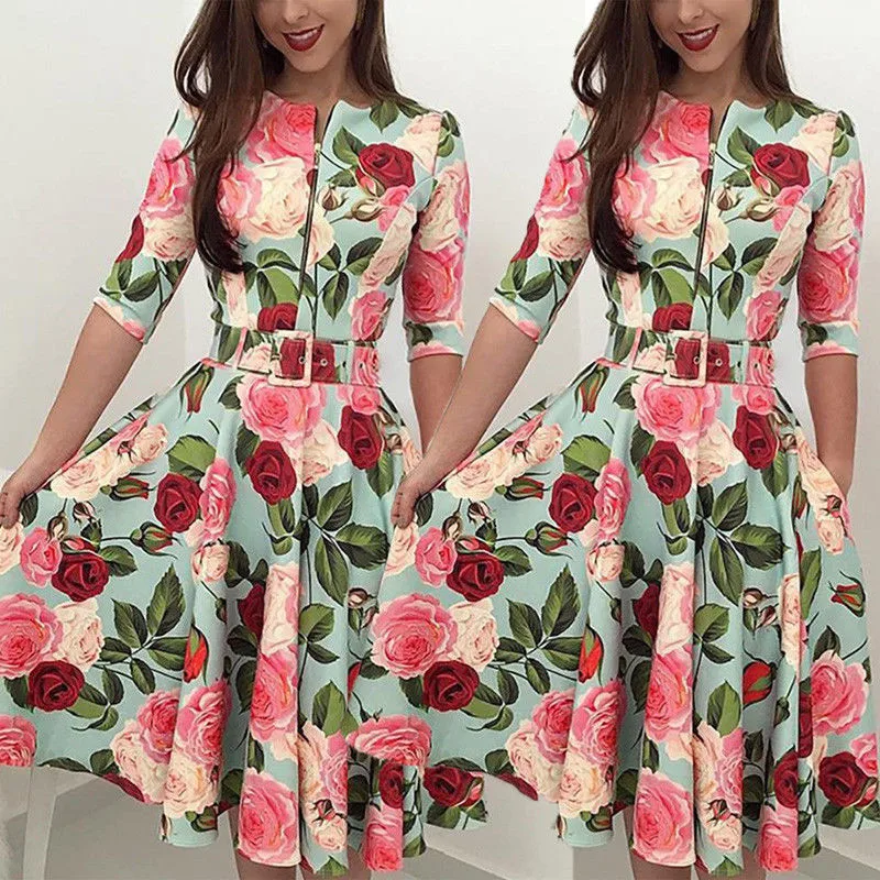2018 весенне осенние женские Платья с цветочным принтом Модные Вечерние