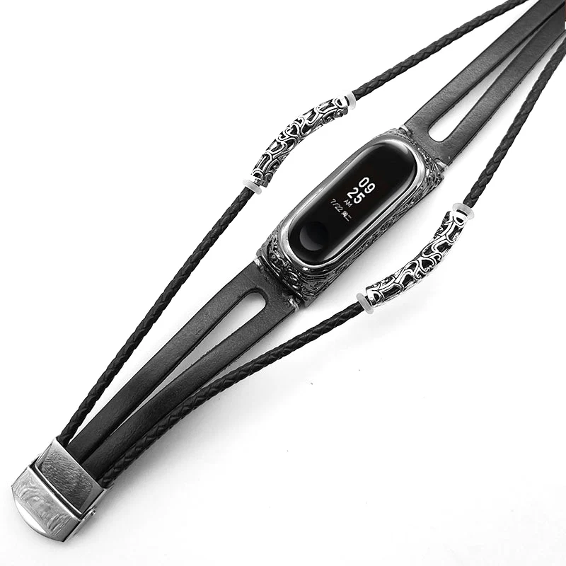 TypeH BK silver case AKGLEADER для Xiaomi mi Band 4 3 nfc Ретро ремешок для часов из натуральной кожи с ювелирным ремешком металлический гравировальный чехол для mi Band 3 4 - Цвет ремешка: TypeH BK silver case