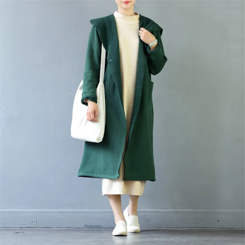 SCUWLINEN, осенне-зимняя женская куртка, одноцветная, винтажная, с капюшоном, на пуговицах, свободная, длинная, утолщенная, хлопок, флис, толстовки S461