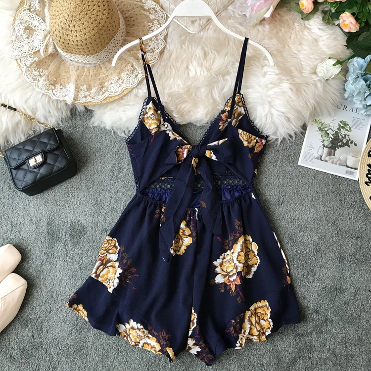 ALPHALMODA летние женские сексуальные праздничные костюмы с принтом, открытая спина, бант, шнуровка, полые женские повседневные пляжные комбинезоны