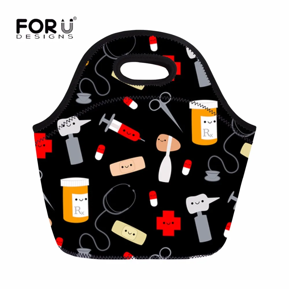 

FORUDESIGNS Lunch Bag Happy Doctor Cute Printed Thermal Insulated Neoprene Cooler Lunch Box Women Kids Food Tote Bolsa Termica