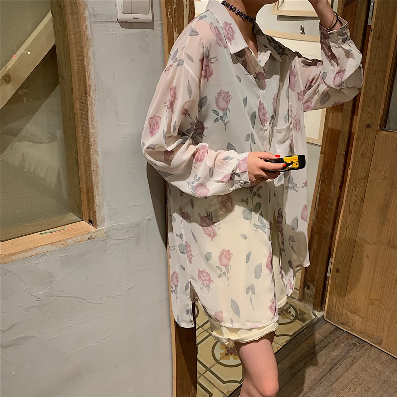 2019 летнее платье в Корейском стиле с цветочным принтом Длинные рукава блузки