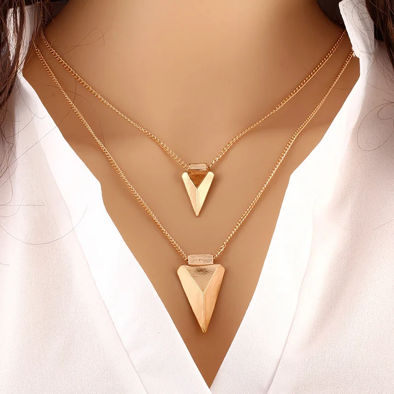 Double Triangle Pendants Necklaces Women Gold Color Link Chain Statement Necklace Charm Jewelry Accessories Choker | Украшения и