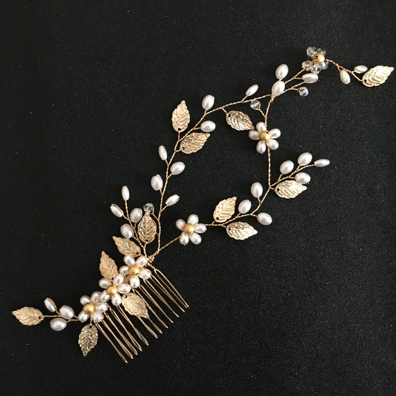 SLBRIDAL золотой кристалл стразы жемчуг цветок лист свадебные украшения гребень для