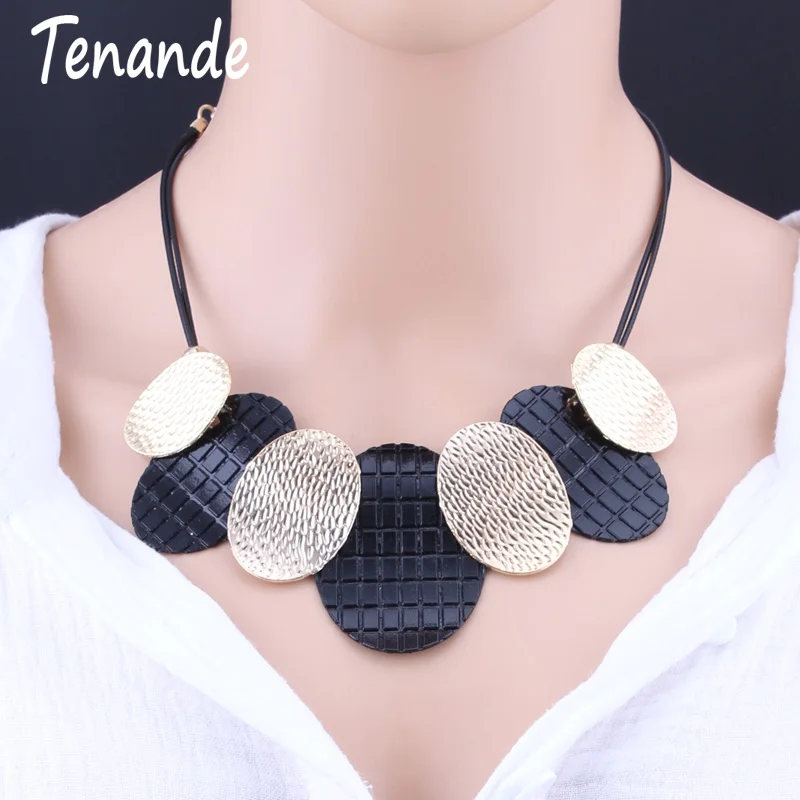 

Tenande Shiny punk Statement Jewelry Femme Big Double Color Metal Oval Choker Necklaces & Pendants Leather Chain Necklaces Colar