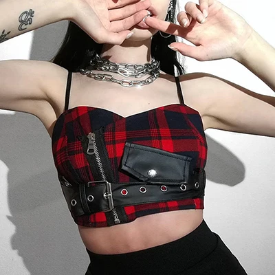 red and black Укороченный топ, футболка, уличная одежда, красивая девушка, футболка, кожаная пряжка, молния, кожа, прошитая женская рубашка, регулируемый Топ на бретелях - Цвет: red and black