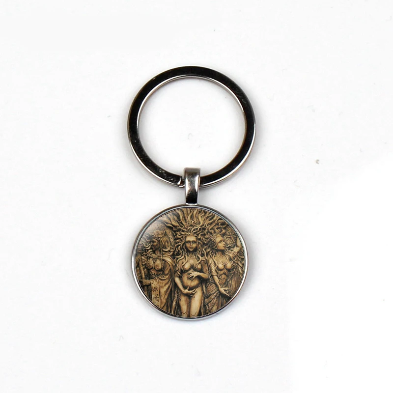 

Vintage Statue Pattern Keychain Triple Moon Goddess Pendant Life treePentagram Magic Amulet Glass Jewelry Keyring man woman Gift