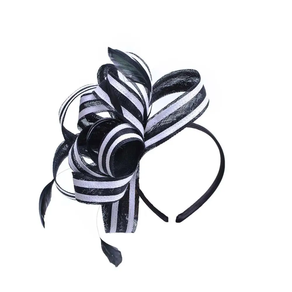 Black with white Женский черный/белый полосатый Sinamay чародей шляпы перо Дамы головной убор Кентукки Дерби Свадебная вечеринка гонки день - Цвет: Black with white