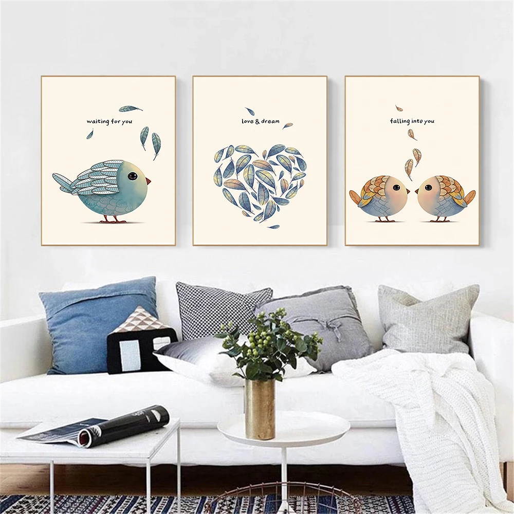 Nordic печать плакатов кофе, wall-Art Холст Картина Мечта "любовь" "птицы" в форме листа сердце фотографии животных на стену для Гостиная домашний декор