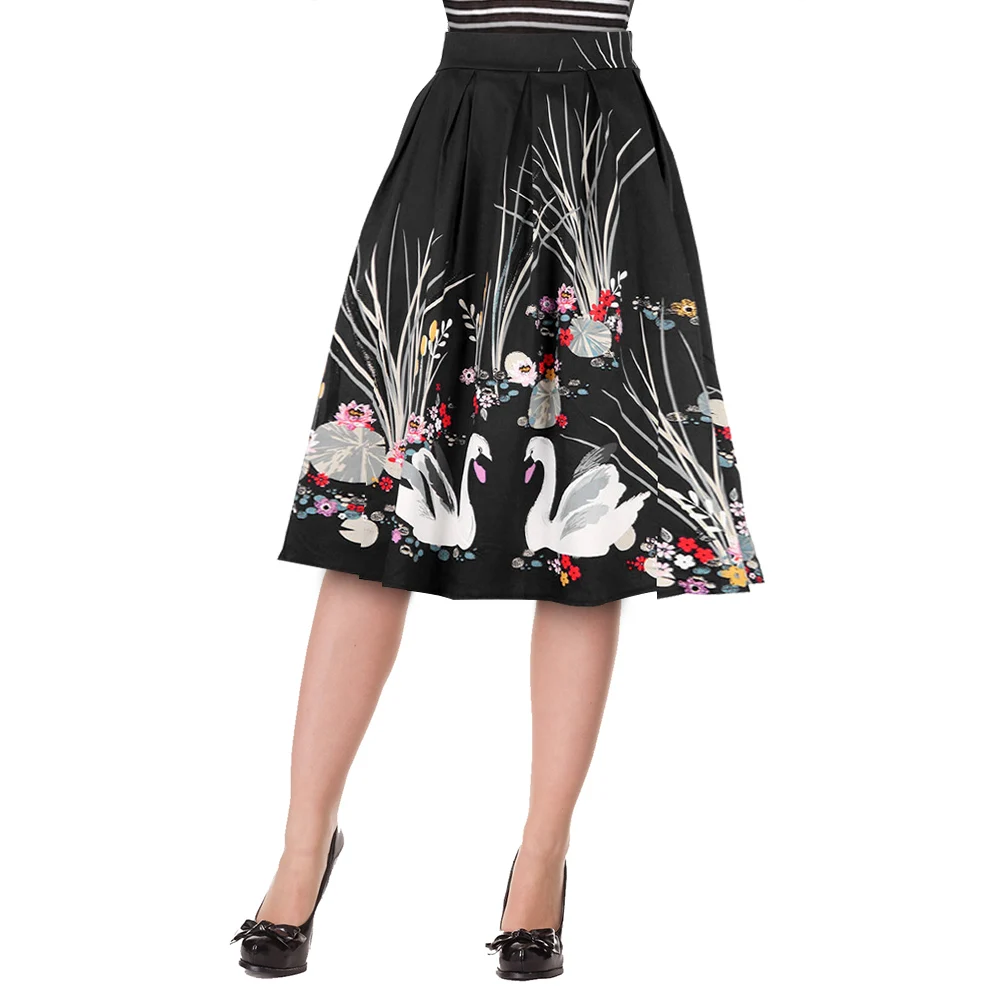Элегантные женские винтажные юбки 1950 s черные хлопковые с принтом лебедя 2017 новые