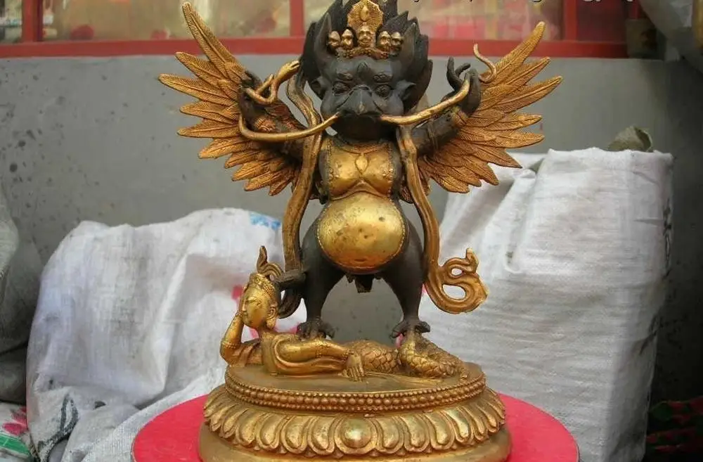 Тибетский буддистский храм Изысканная медная бронзовая позолота Garuda птица Бог
