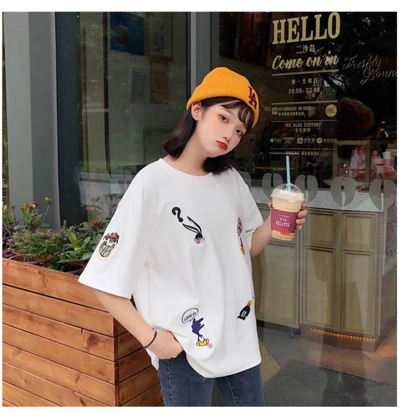 summer Women embroidery Loose t-shirt Casual Oversize T-shirt Femme Short Sleeve O-neck Tops Streetwear Harajuku Tshirts