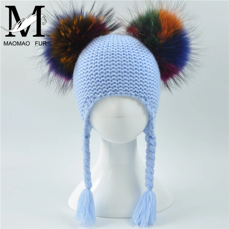 Baby Hat Autumn Winter 2017 Beanie Hat with Double Real Fur Pompom Warm Wool Toddler Cap Multicolor Kids 2 Real Fur Pom Pom Hat