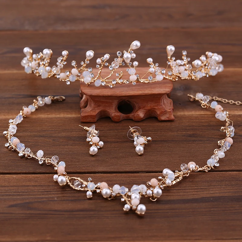 Jonnafe Ramo de Ouro Perolas Tiara Colar Brincos Set De Joias Casamento Artesanais аксессуары для женщин|Ювелирные