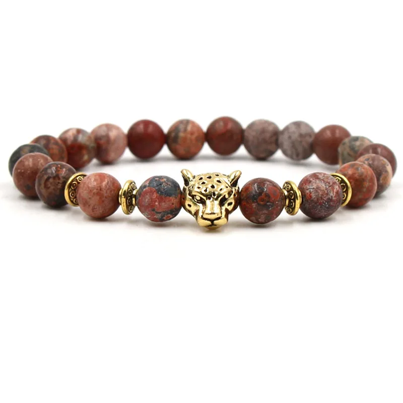 

HOBBORN Trendy Handmade Natural Stone Men Bracelet 8mm Beads Strand Leopard Head Women Elasticity Bracelets Meditation Jewelry