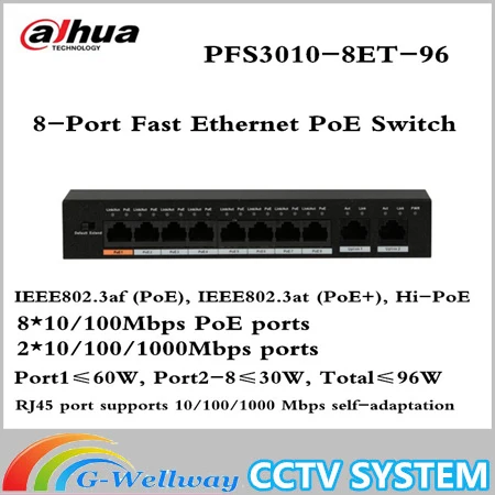 Оригинальный Ex порт версия Dahua 8 Порт Fast Ethernet PoE коммутатор 10/100/1000 Мбит/с PFS3010-8ET-96 Sup