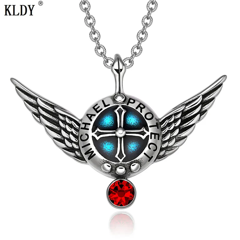 KLDY, женское ожерелье, Archangel, Майкл, крылья ангела, цепочка на шею, нержавеющая сталь, защита, щит, волшебные силы, Красный Кристалл, кулон